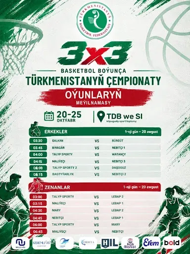 3X3 BASKETBOL BOÝUNÇA TÜRKMENISTANYŇ ÇEMPIONATY | OÝUNLARYŇ MEÝILNAMASY (1-nji gün – 20 oktýabr)