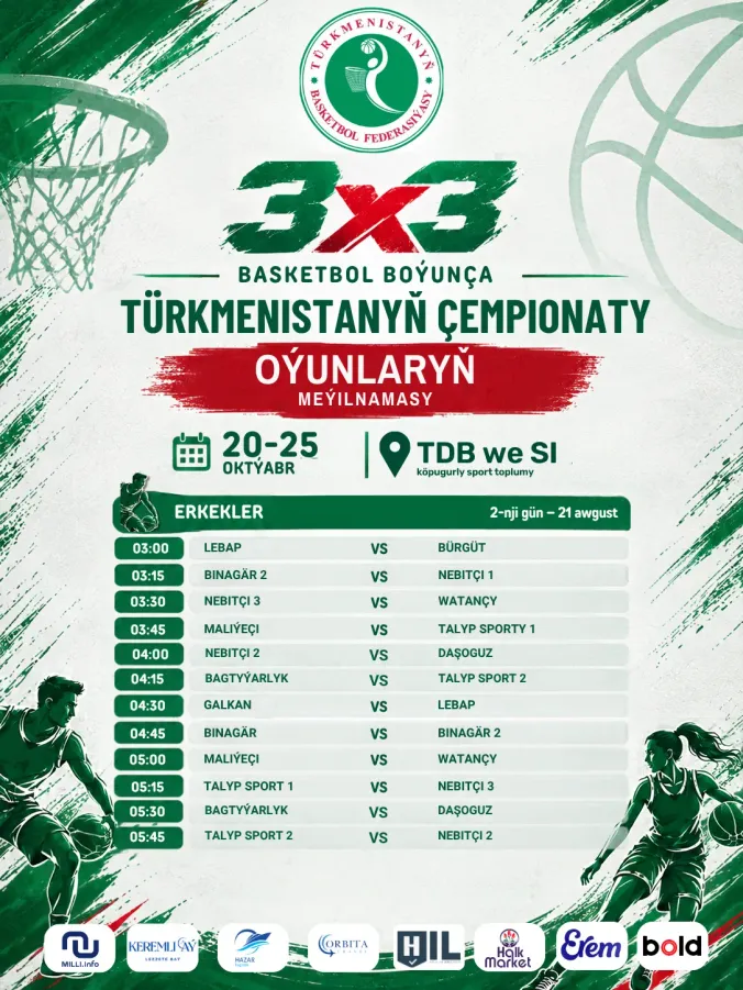 3X3 BASKETBOL BOÝUNÇA TÜRKMENISTANYŇ ÇEMPIONATY | OÝUNLARYŇ MEÝILNAMASY (2-nji gün – 21 oktýabr)